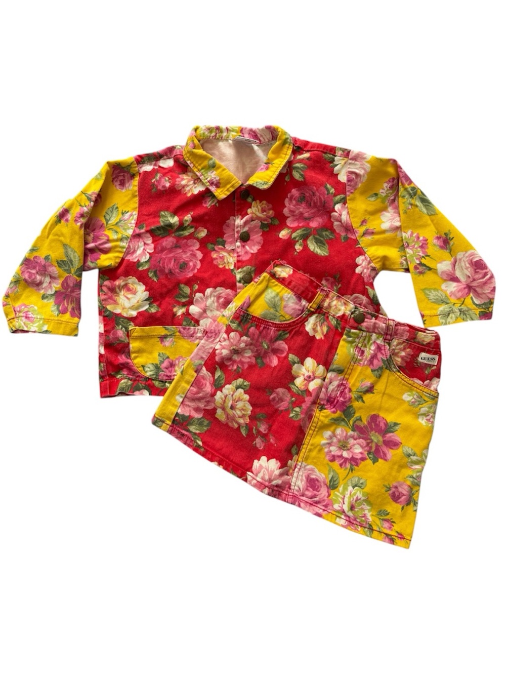 90’’s Guess Girls’ Floral Denim Two-Piece Set Shirt Skirt Red Yellow Size 6